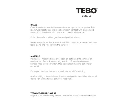 Informationsblad med skötselråd för mässing från TEBO DETAILS. TEBO DETAILS Logo.