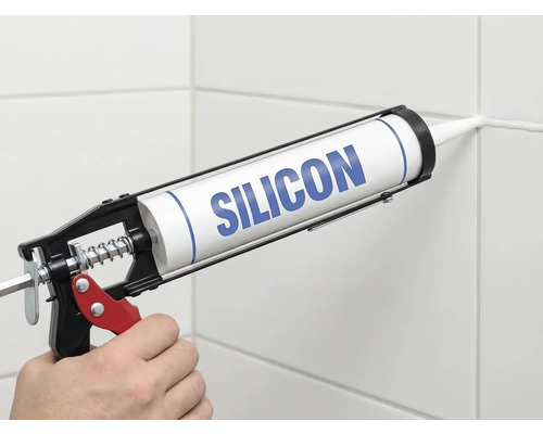 Applicering av silikon med en fogpistol på en kakelfog.