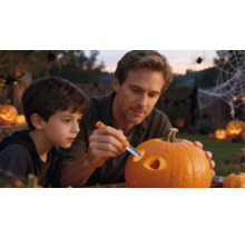 En man och en pojke skär ut en halloweenpumpa i skymningen i en trädgård dekorerad med spindelnät och lyktor.