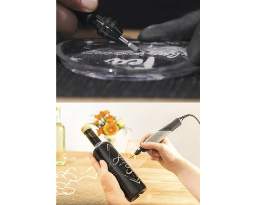 Dremel multiverktyg vid gravering av glas och en mörk glasflaska.