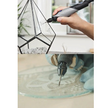 Dremel multiverktyg vid gravering av fågelmotiv på ett geometriskt glasterrarium och en glasplatta.