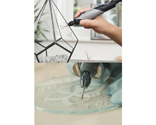 Dremel multiverktyg vid gravering av fågelmotiv på ett geometriskt glasterrarium och en glasplatta.