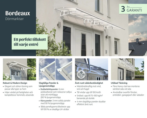 Vit dörrmarkis Bordeaux över en entré med moderna polykarbonatpaneler och robust design för väderskydd året runt.