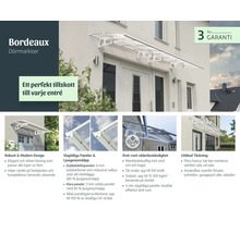 Vit dörrmarkis Bordeaux över en entré med moderna polykarbonatpaneler och robust design för väderskydd året runt.