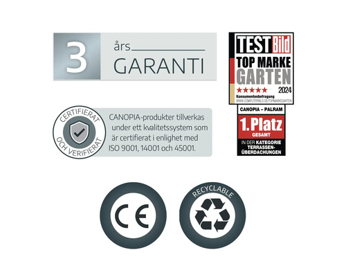 3 års garanti, ISO-certifierad, Test Bild Top Marke Garten 2024 förstaplats för altantak, CE-märkning och återvinningsbar.