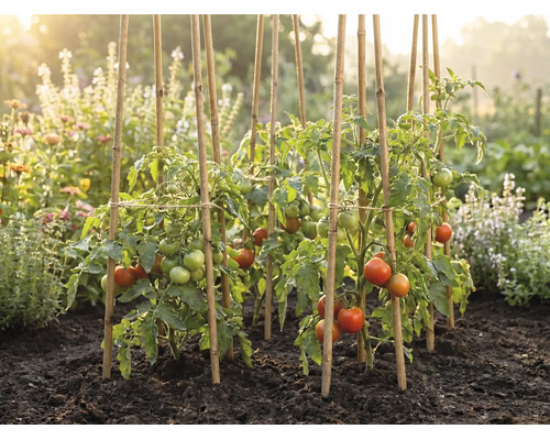 Tomatplantor med mognande frukter, stödda av bambupinnar i ett soligt grönsaksland med mörk jord.