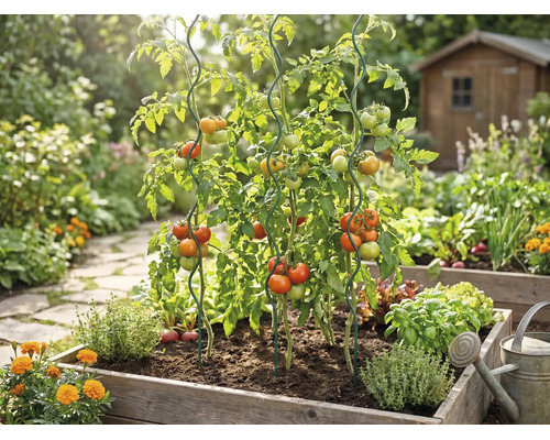 Tomatplantor i en odlingslåda av trä, stödda av spiralformade växtstöd av metall, omgivna av örter i en ljus trädgårdsmiljö.