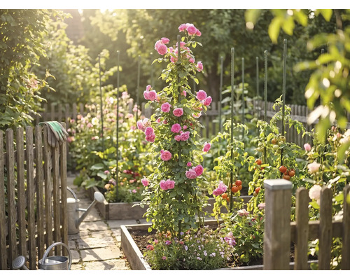 Ljus köksträdgård med odlingslådor av trä, en klätterros vid ett växtstöd, tomatplantor, vattenkannor och ett trästaket.