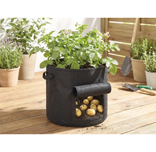 Svart odlingssäck i textil för potatis på en träaltan med ett skördefönster och gröna plantor.