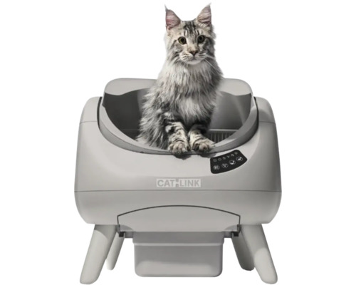 En katt sitter i en grå självrengörande kattlåda från CATLINK med digital kontrollpanel.