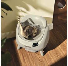 Självrengörande Catlink kattlåda på trägolv med en katt i ett ljust rum.