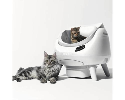 Självrengörande kattlåda med CatLink Logo och två katter, en inuti, en liggande bredvid, med kontrollpanel och ben.