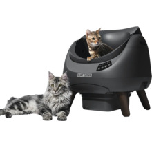 Självrengörande kattlåda med CATLINK Logo och två katter, modern design med kontrollpanel och ben.