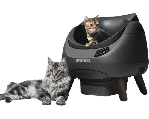 Självrengörande kattlåda med CATLINK Logo och två katter, modern design med kontrollpanel och ben.