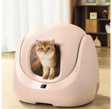 Modern självrengörande kattolåda i rund design med en katt i öppningen, placerad i ett ljust vardagsrum.