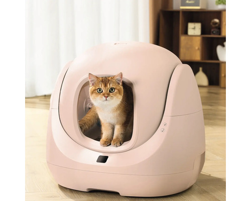 Modern självrengörande kattolåda i rund design med en katt i öppningen, placerad i ett ljust vardagsrum.