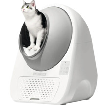 Självrengörande kattlåda Catlink i plast med kontrollpanel och ventilationsöppningar samt en katt i öppningen.
