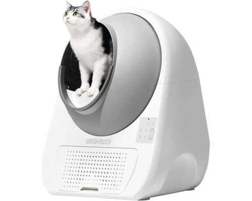 Självrengörande kattlåda Catlink i plast med kontrollpanel och ventilationsöppningar samt en katt i öppningen.