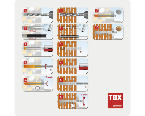 Monteringsanvisning för TOX kemankare i betong och hålsten. Steg för borrning, rengöring, fyllning och montering av gängstång.