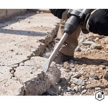 En byggarbetare använder en elektrisk rivningshammare för att bryta upp ett betonggolv. (Image AI modified or generated)