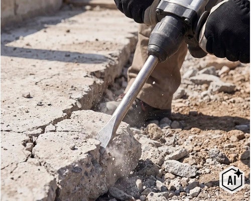 En byggarbetare använder en elektrisk rivningshammare för att bryta upp ett betonggolv. (Image AI modified or generated)