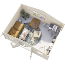 Vy ovanifrån av en inredd trädgårdsstuga i trä med loungehörna, arbetsplats och sittplatser i modern design.