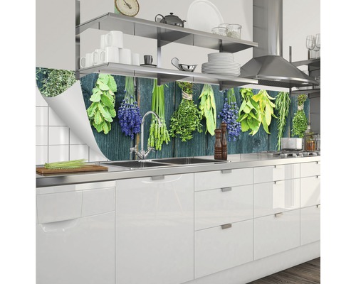 Stänkskydd med örtmotiv i modernt kök