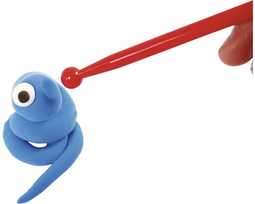 Blå modellerafigur med öga och rött modelleringsverktyg