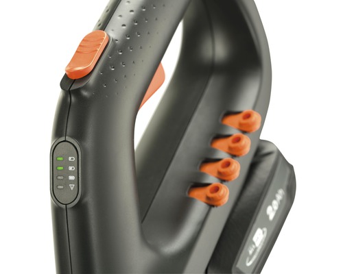 Närbild av en batteridriven lövsug med kontroller och batteriindikator