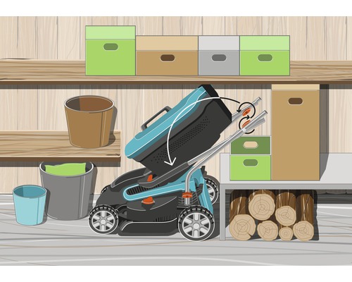 Illustration av en gräsklippare med fällbart handtag för enkel förvaring i ett förråd