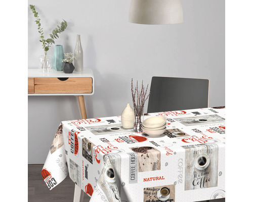 Matbord med duk med kaffemönster