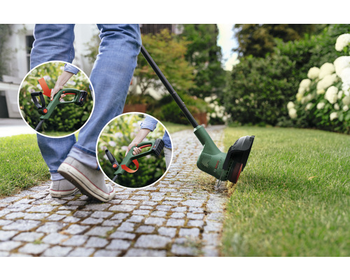 Batteridriven grästrimmer används för gräsmattan i trädgården.