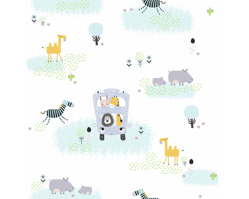 Tapet med safaridjursmotiv, inklusive zebra, flodhäst, kamel och lejon i bussen