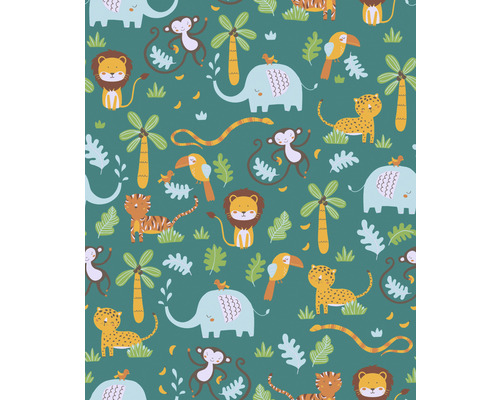 Illustration med djungeldjur som lejon, elefanter, apor, tigrar, leoparder och fåglar