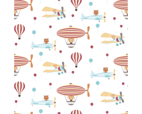 Mönster med tecknade djur i flygplan, luftskepp och ballonger