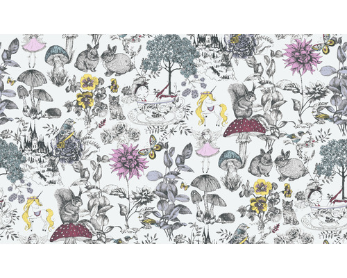 Tapet med sagomotiv, inklusive djur, blommor och mytiska varelser