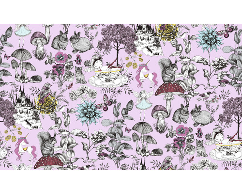 Illustration med sagomotiv, inklusive djur, blommor, slott och mytiska varelser