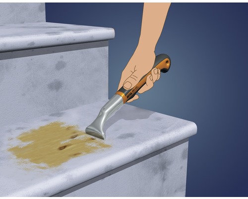 Illustration av en hand som tar bort färg från ett trappsteg med en skrapa