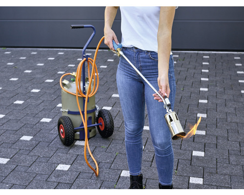 Ogräsbrännare med vagn som används för att bekämpa ogräs på gatsten