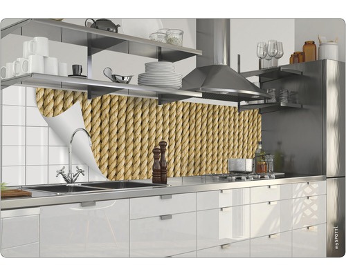 Köksscen med stänkskyddsfolie i repdesign