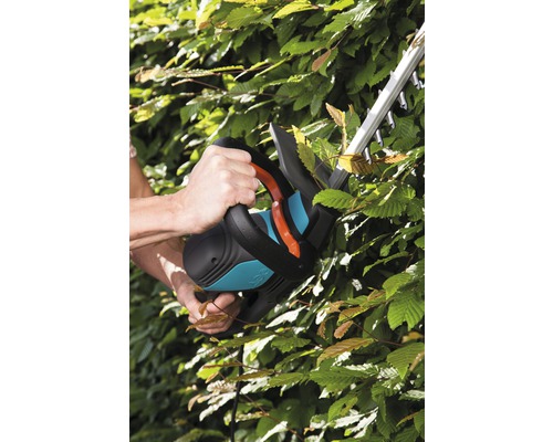 En person klipper en häck med en häcksax.