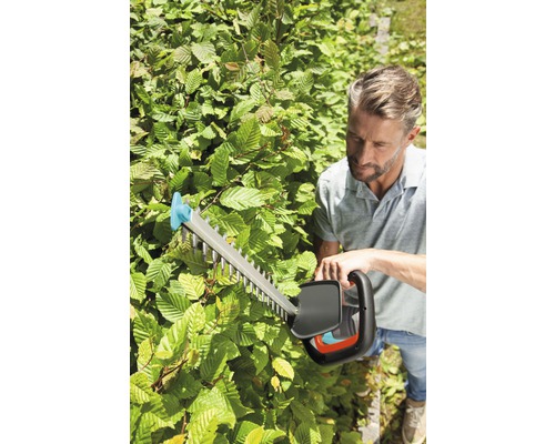 En man klipper en häck med en häcksax.