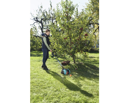 En kvinna samlar äpplen med en äppelsamlare i en trädgård.