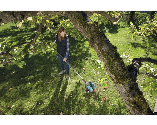 Kvinna använder fruktplockare i trädgården under ett träd.