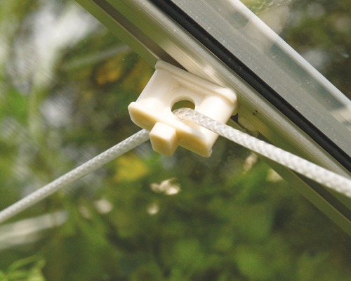 Närbild av ett plasthållare med sladd på ett växthus