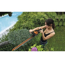 Kvinna klipper häck med en häcksax i trädgården