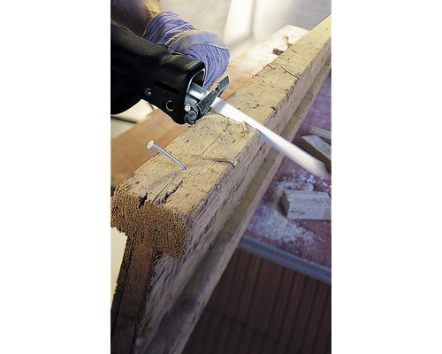 En tigersåg skär en träbit med spikar.