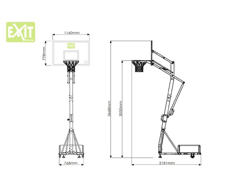 Bild med mått på en flyttbar basketkorg