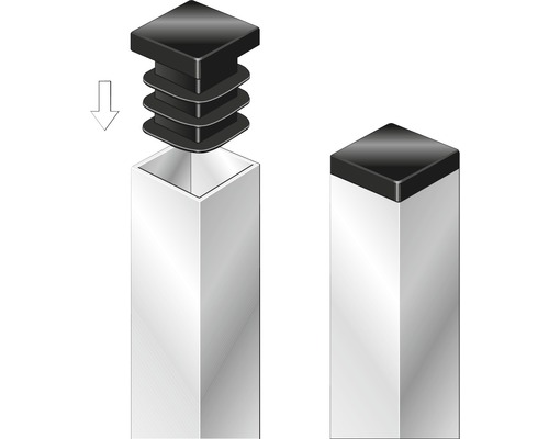 Illustration av en rörpropp före och efter montering på ett fyrkantsrör