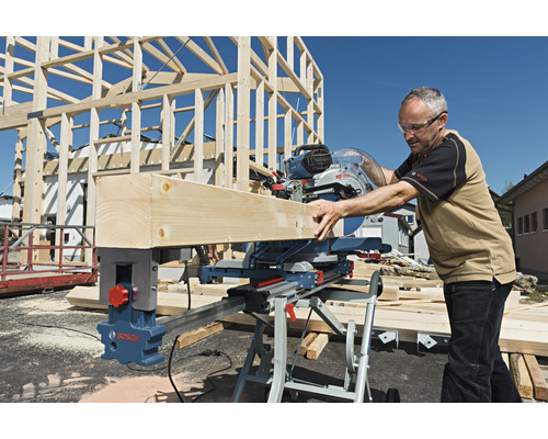 Man som arbetar med en Bosch kap- och geringssåg på en byggarbetsplats.